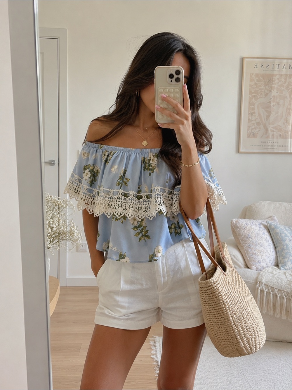 Off-Shoulder Blue Floral Lace Trim Top
